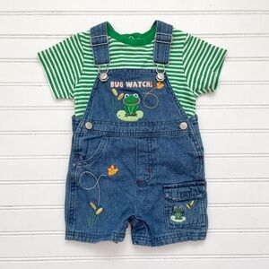 VINTAGE MAYFAIR EUC/LN Boys Frog “Bug Watch” Appliqué Denim Overalls Set